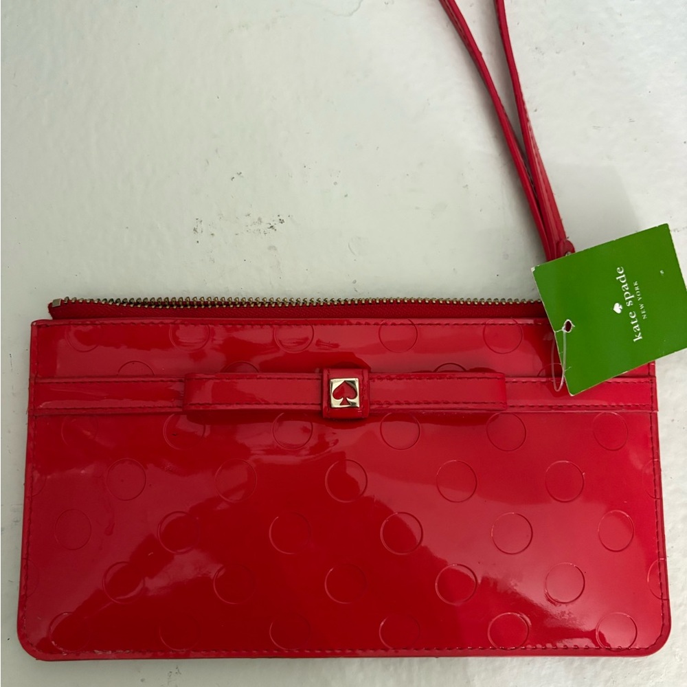 kate spade Red Patent Polka Dot Wristlet Clutch with Bow Accent